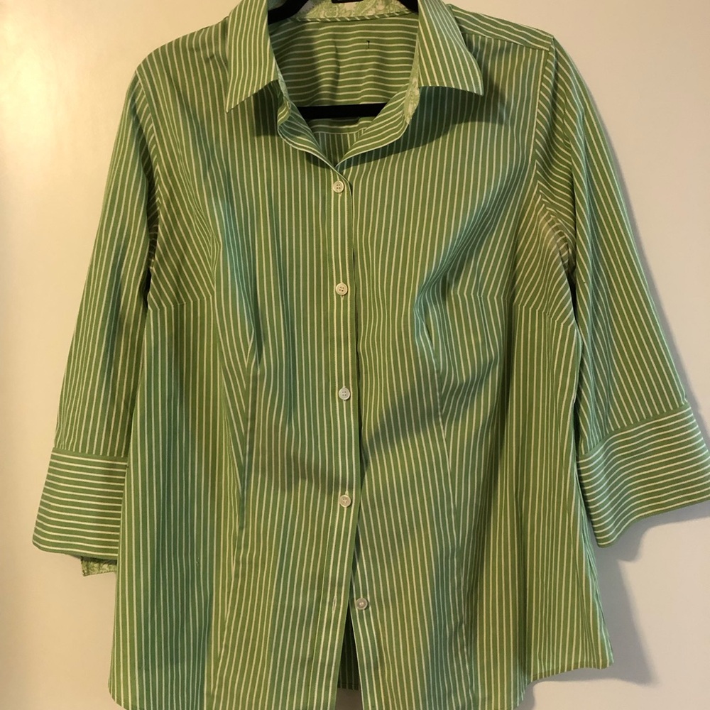 Lime Green and White 3/4 Sleeve Button Down Shirt